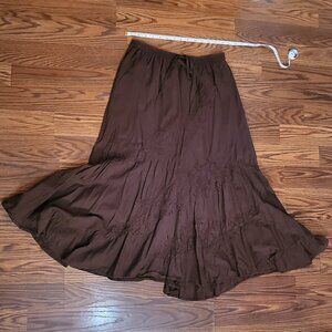 Solid Brown with Floral Embroidery Midi Skirt